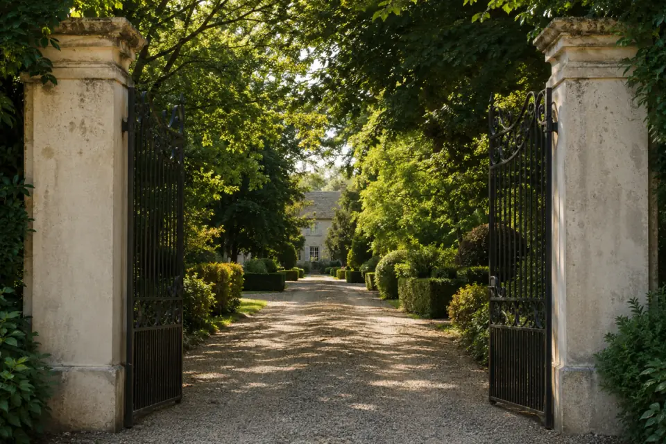 Portail ouvert sur l’allée arborée d’une propriété