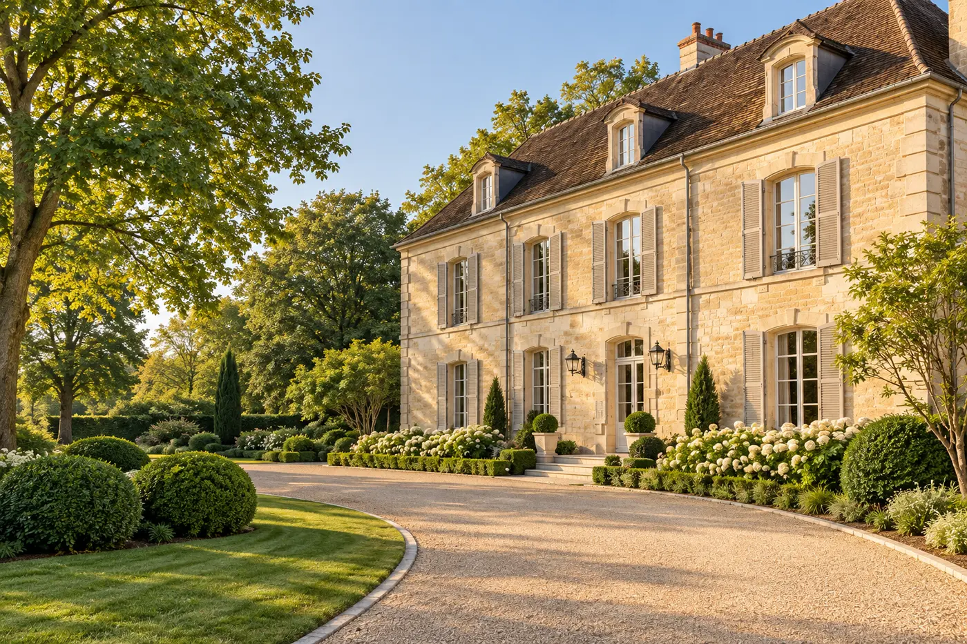 Demeure en pierre et jardin paysager dans les Yvelines