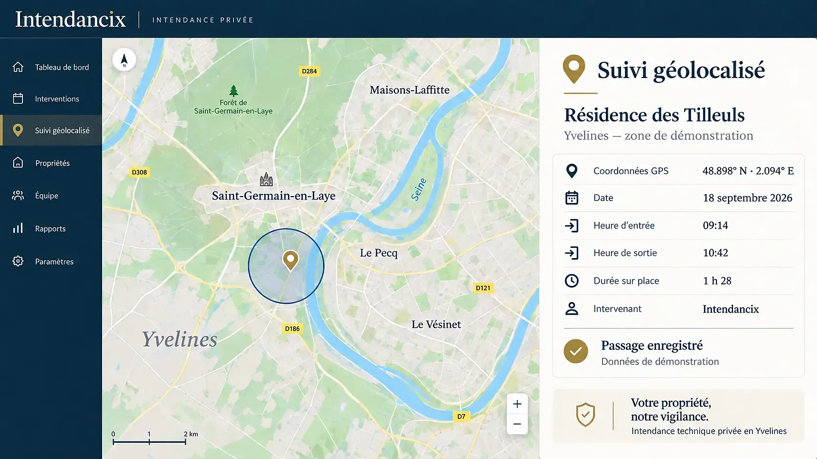 Aperçu de démonstration du suivi géolocalisé d’un passage dans les Yvelines